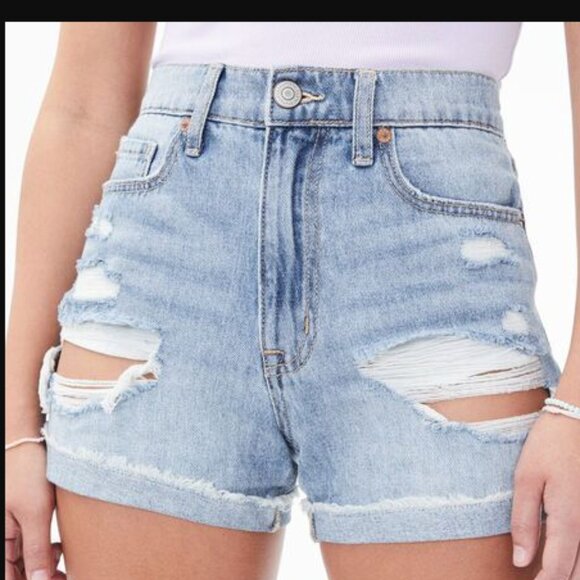 American Eagle Size 0 Mom Jean Short High Rise Destroyed Cuffed Raw Hem … - Picture 14 of 14